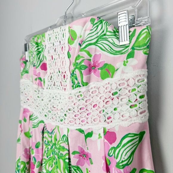 LLILLY PULITZER | Floral Strapless Pink Green Dress Lace Trim Women’s Size 2 - Picture 2 of 8